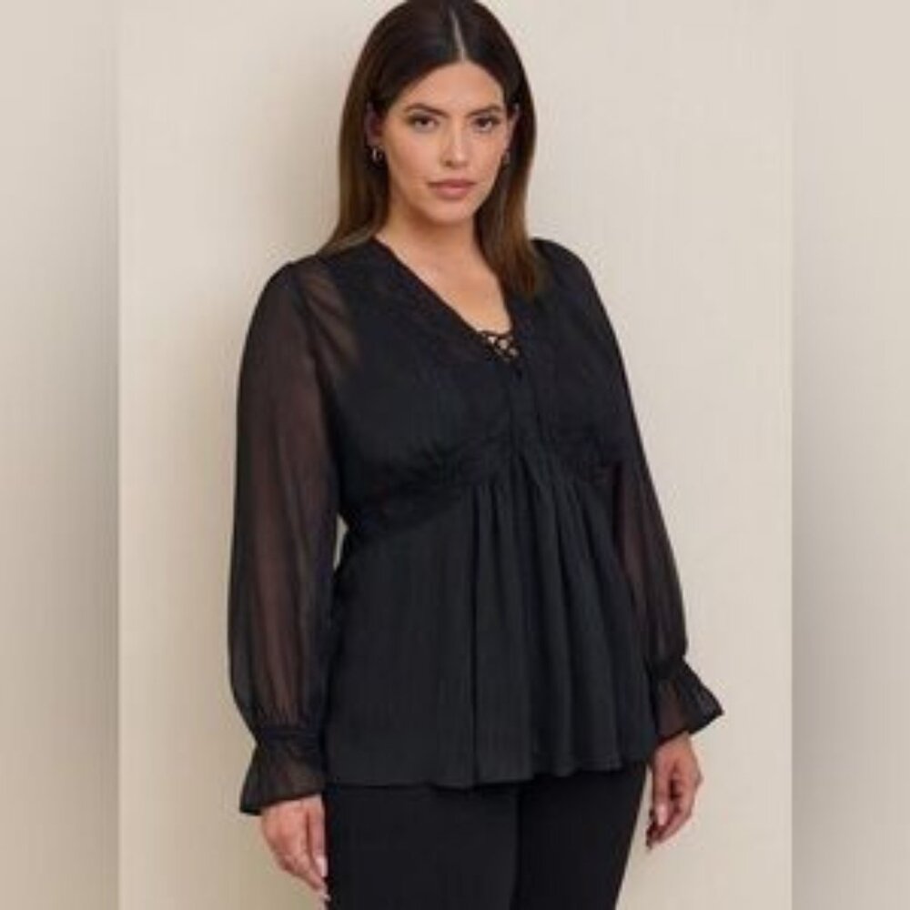 Torrid Babydoll Crinkle Lurex Chiffon Crochet Lace-Up Top in Deep Black